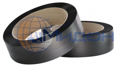 Лента полиэтилентерефталатная с тиснением (ПЭТ) 16х0,8мм (чёрная) разрывная нагрузка 500 кгс(Н), 50 бухт по 1400 м (автомат, полуавтомат, ручная)